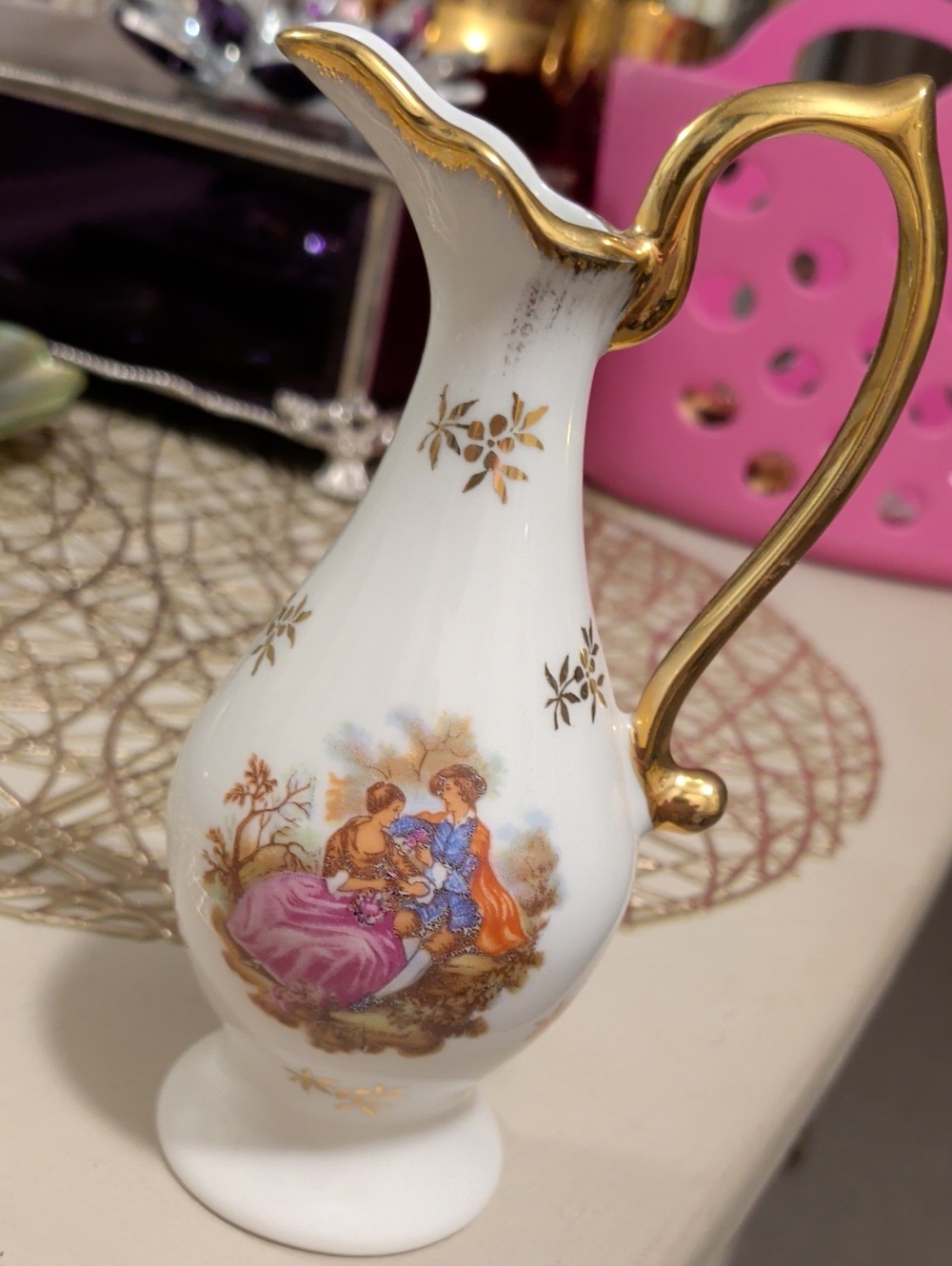 Limoges Vintage Gold-Trimmed White Porcelain Pitcher with Romantic Scene